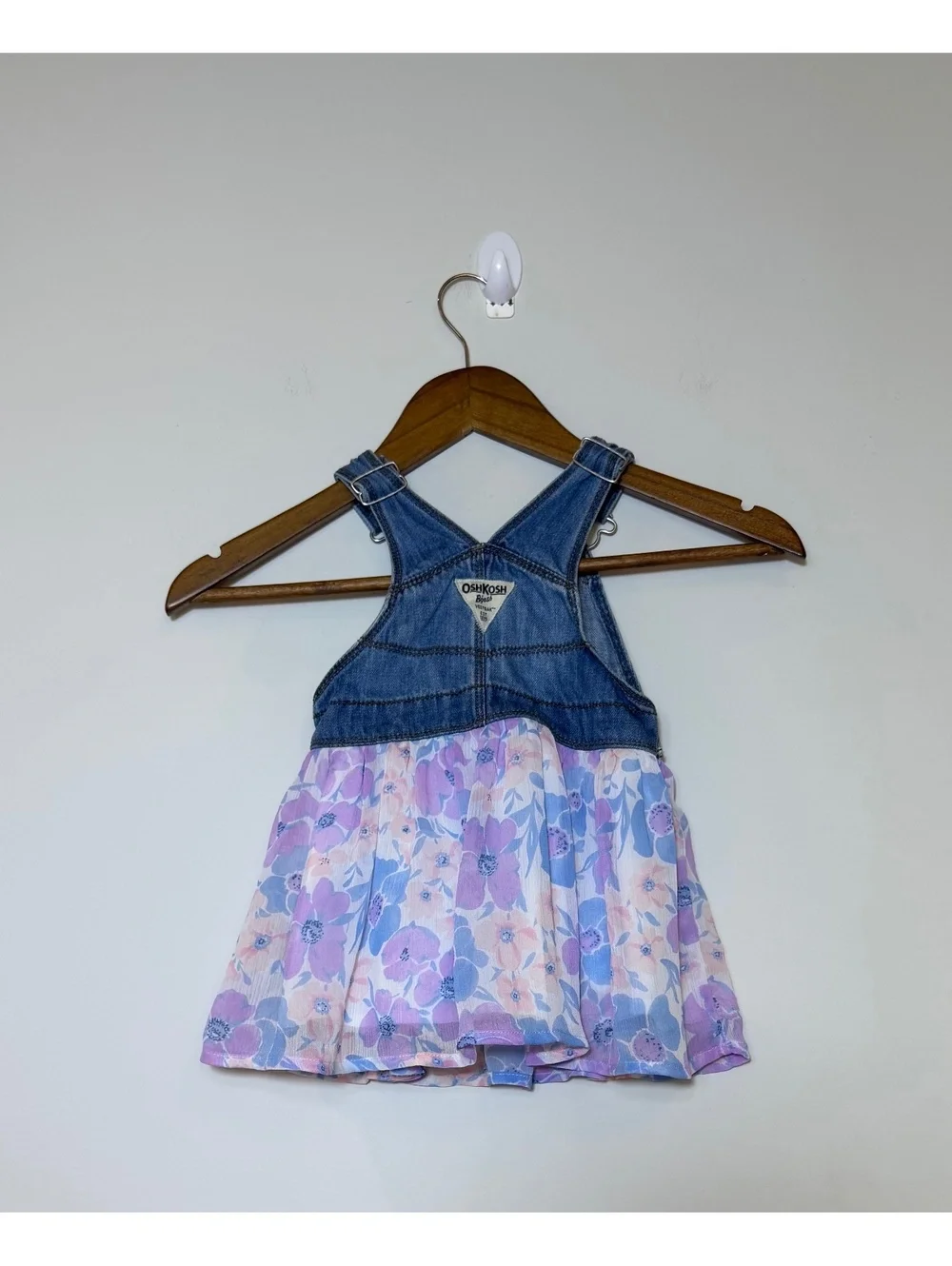 OshKosh B’gosh 2T Denim Floral Overall Dress Pink Blue Toddler Jumper